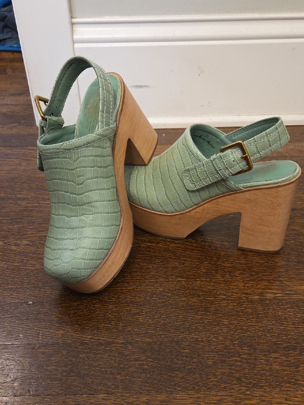Charlotte Stone Mint Green Croc-Embossed Platform Slingbacks
